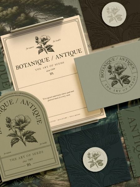 Botanique/Antique logo and  brand identity design by Dayenah Studio - Fivestar Branding Agency Is A Design and Branding Agency. This Work Belongs to The Accredited Artist and Is Curated For Inspiration Only #branding #identitydesign #logodesign #icondesign #brandinginspiration #logoinspiration #businesscarddesign #businesscards #packagingdesign #naturaldesign #texturedesign #luxurydesign Antique Logo, Artist Branding, Artist Logo, Unique Logo Design, Professional Logo Design, Branding Design Inspiration, Branding Agency, Photoshop Design, Brand Identity Design