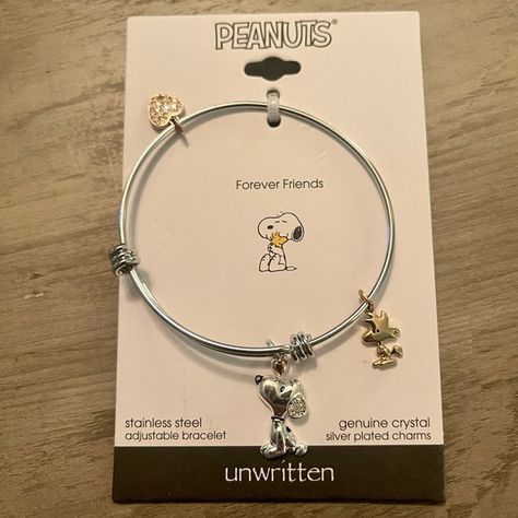 Shop cocosverobeach's closet or find the perfect look from millions of stylists. Fast shipping and buyer protection. Brand New with tags and absolutely adorable describes this Peanuts Stainless Tri-Tone Snoopy & Woodstock Bangle Bracelet with Fine Silver-Plated Dangling Charms. Set in Tri-Tone Stainless Steel Approx. adjustable length: 8-1/4" Fully Adjustable closure. Retails for $55.00 plus 7% Sales Tax. Cutesy Jewelry, Peanuts Charm, Expandable Bracelet, Snoopy Woodstock, Adjustable Bangle Bracelet, Enamel Beads, Bangle Bracelets With Charms, Adjustable Bangle, Snoopy And Woodstock