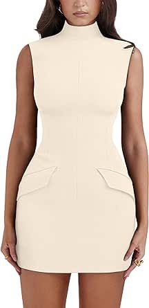 YMDUCH Women's Sexy Summer Sleeveless Mock Turtle Neck Bodycon Party Mini Dress Beige Clothing, Mock Turtle Neck, Party Mini Dress, Short Party Dress, Dress Beige, Mock Turtle, Trendy Fashion Outfits, Fashion Toys, Mock Turtleneck