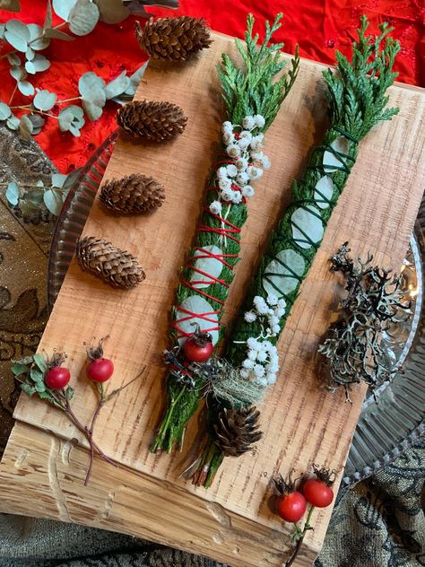 Yule Wands, Yule Decorations Winter Solstice, Christmas Wands, Altar Blessing, Cedar Greenery, Pearly Everlasting, Smudge Bundles, Natural Wood Crafts, Yule Crafts