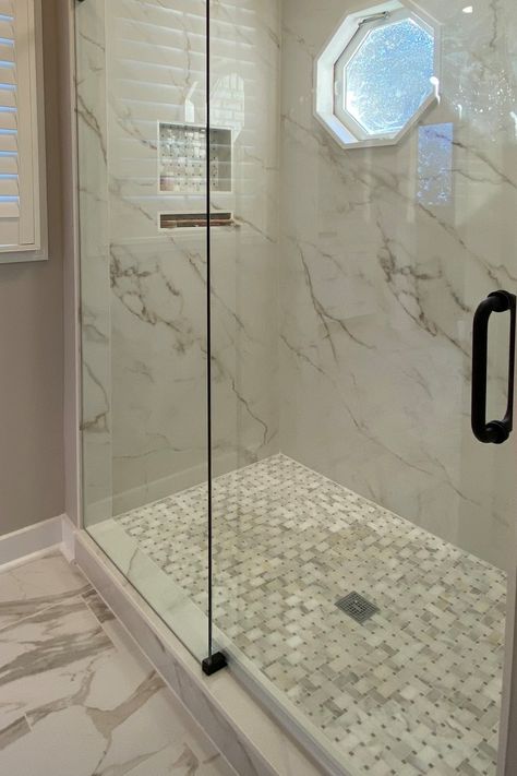 Shower Floor Porcelain Tile, Walk In Shower Porcelain Tile, Large Tiles In Shower Ideas, Marble Tile Walk In Shower Ideas, Alaria Polished Porcelain Marble Tile Bathroom, Bathroom Remodel Marble Tile, Large Panel Tile Bathroom, Bathroom Floor And Shower Wall Tile Same, Porcelain Marble Tile Bathroom Showers