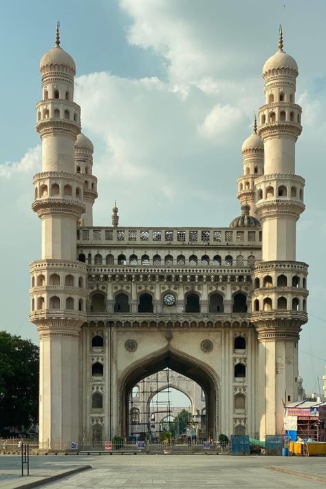 Charminar monument consists of four minarets, which give it its name Char Minar or Charminar means "four minarets", built in 1591 😇 😍 Char Minar, Monument In India, Disco Background, 1 Day Trip, Graphic Design Posters Layout, Mosque Design, Simple Building, Ancient History Facts, Birthday Captions Instagram