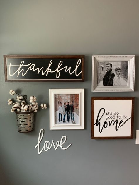 Small Entryway Picture Wall Ideas, Farmhouse Wall Picture Collage Ideas, How To Decorate A Wall With Pictures, How To Decorate On Top Of Cabinets, Farmhouse Photo Wall Ideas, Living Room Collage Wall Ideas, Farmhouse Hallway Wall Decor, Rustic Wall Collage, Entrance Gallery Wall