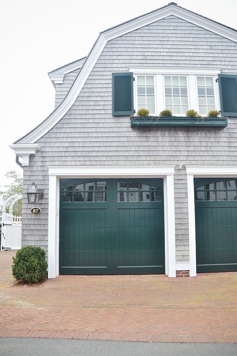 lovely green garage doors. Door Pergola, Green Garage, Garage Door Colors, Gray House Exterior, Hgtv Dream Homes, Modern Garage Doors, Green Shutters, Garage Door Types, Garage Door Styles