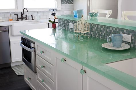 recycled translucent glass counters | OUTinDesign Tile Countertops Diy, Tile Countertops Kitchen, Small White Kitchens, Farmhouse Backsplash, Glass Countertops, House Of Turquoise, Herringbone Backsplash, Diy Backsplash, Tile Countertops