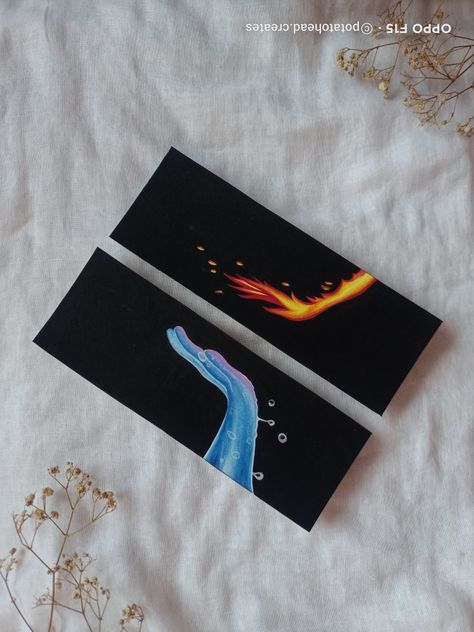 Painting Ideas Bookmark, Couple Bookmarks, Bookmark Painting Ideas, Ember And Wade, Bookmark Painting, Sunset Canvas Painting, Book Crafts Diy, Small Canvas Paintings, Fire Water