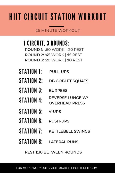 HIIT Circuit Station Style Workouts are a great method to combine bodyweight training, weight training, plyometrics, cardio, gymnastics, and core work all into one awesome workout and it’s also anything but boring!  #circuit Hiit For Beginners, 25 Minute Workout, Hiit Treadmill, Emom Workout, Hiit Circuit, Hiit Cardio Workouts, Conditioning Workouts, Home Exercise Routines, Hiit Cardio