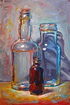 Bottle Paintings Art, Glass Bottle Acrylic Painting, Raymond Logan, Transparent Painting, Transparent Bottle, Reflection Art, زجاج ملون, Board Art, Still Life Drawing