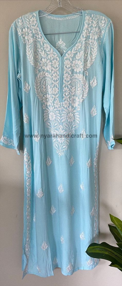 Modal Chikankari Kurta, Light Blue Chikankari Kurta, Cotton Chikankari Suit Designs, Chikenwork Kurti Design, Lucknow Kurti, Lakhnavi Kurti, Chickenkari Kurti, Chikankari Design, Cotton Chikankari Kurta