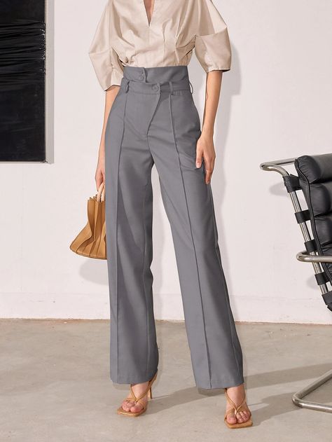 High Waist Plicated Detail Suit Pants | SHEIN EUR Grey Trousers Outfit Women, Fashion Trousers Women, Grey Pants Outfit, Formal Pants Women, Women Trousers Design, Office Attire Women, Celana Fashion, Trouser Outfit, Slacks For Women