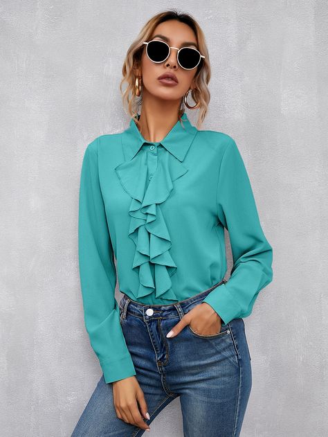 Turquoise Blouse, Chiffon Blouses, Women Blouses, Button Up Blouse, Chiffon Blouse, Ruffle Trim, Mint Green, Blouses For Women, Button Up