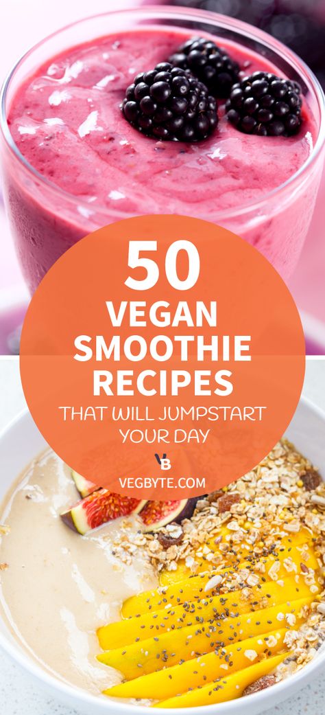 Need ideas and inspiration for awesome smoothies? Check out this roundup of 50 vegan smoothie recipes you need to try!  #vegbyte #smoothierecipes #vegansmoothierecipes #veganbreakfastsmoothies #healthyvegansmoothierecipes #vegandietrecipes #smoothie Vegan Smoothie Recipes Plant Based, Vegan Smoothies Protein, Smoothie Recipes Vegan, Raw Vegan Smoothie, Vegan Breakfast Smoothie, Plant Based Smoothies, Vegan Protein Smoothie, Bullet Recipes, Vegan Smoothie Recipes