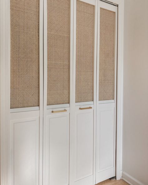 Rattan cane webbing white bedroom bi-fold closet doors minimalist boho Scandinavian scandi style Ideas De Closets, Custom Closet Doors, Diy Closet Doors, Billy Regal, Bedroom Closet Doors, Closet Door Makeover, White Closet, Bifold Closet Doors, Tiny Closet