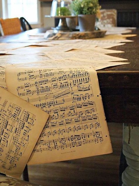 vintage music sheet table runner, home decor, painted furniture, repurposing upcycling Sheet Music Decor, Vintage Wedding Decorations Diy, Music Centerpieces, Wedding Decorations Diy Centerpiece, Vintage Wedding Table, Table Centerpieces Diy, Music Themed Parties, Music Themed Wedding, Party Table Centerpieces