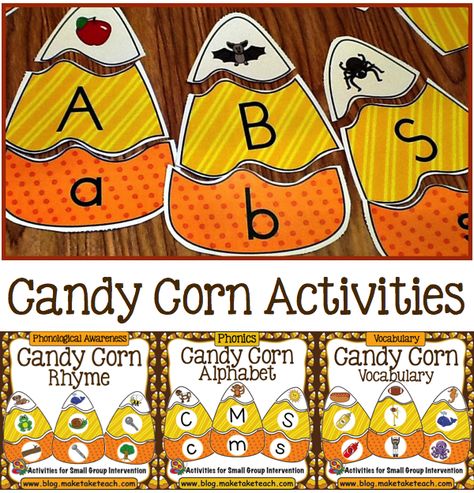 Fun fall-themed activities for learning early literacy skills. Candy Corn Activities, Corn Activities, Fall Lesson Plans, Fall Centers, Halloween Kindergarten, Fall Lessons, Fall Kindergarten, Teachers College, Halloween Preschool