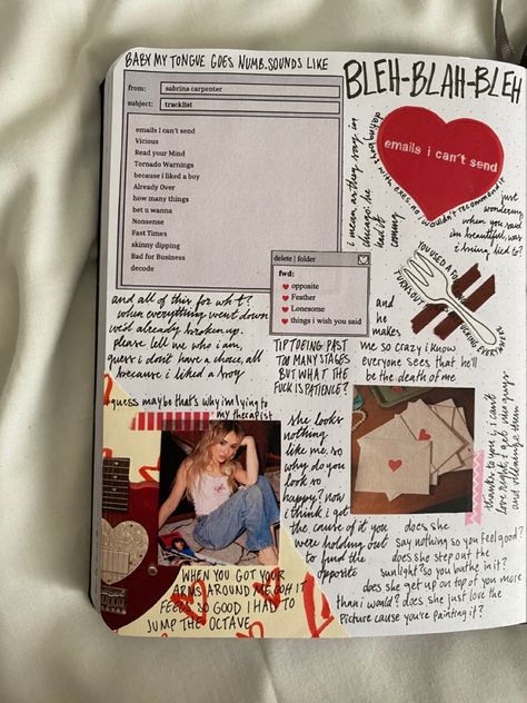 Sabrina Carpenter Scrapbook, Sabrina Carpenter New Album 2024, Sabrina Carpenter Journal, Music Journal Pages, Bullet Journal Films, Music Scrapbook, Scrapbook Cover, Music Journal, Yearbook Themes