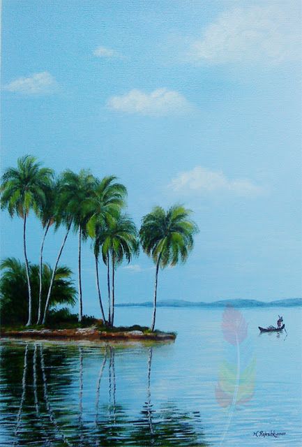 Kerala Landscape Acrylic Painting, Kerala Scenery Drawing, Kerala Landscape Painting, Kerala Landscape, Kerala Painting, Kathakali Face, Kerala Nature, Kerala Backwaters, Children Painting