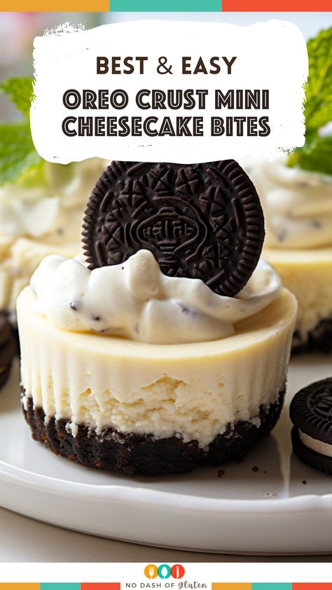 Satisfy your sweet cravings with these divine Oreo Crust Mini Cheesecake Bites! Creamy cheesecake on a chocolatey Oreo stage, a bite-sized delight waiting for you. Try the recipe now and share the love! Oreo Crust Cheesecake Recipes, Freeze Cheesecake, Oreo Crust Recipe, Freeze Cheese, Refrigerator Desserts, Oreo Crust Cheesecake, Oreo Cheesecake Bites, Mini Oreo Cheesecake, Mini Cheesecake Bites