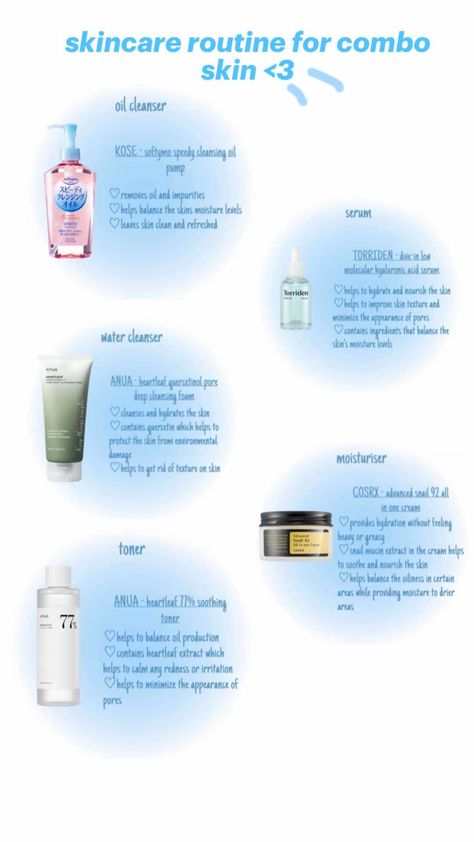 ✨ Korean Skincare for Combination Skin 🌸 | Discover the perfect balance for oily and dry areas with gentle, hydrating, and lightweight products. From cleansing to moisturizing, achieve glowing, healthy skin with the best K-beauty routines tailored to combination skin! 🌿 #KoreanSkincare #CombinationSkin #KBeautyTips #GlowingSkin Best Cleansers For Combination Skin, Combination Skin Routine Products, Skincare Combination Skin, Skin Routine Products, Skincare Combination, Combo Skin Care, Oily Skin Routine, Combination Skin Routine, Skincare For Combination Skin