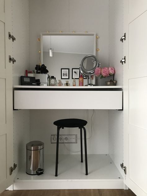 I never liked doing my makeup/ hair in the bathroom, so I decided to go for a table with a mirror in my bedroom. Ikea pax wardrobe was perfect for it, because it’s cheap and aesthetically pleasing. Instead of purchasing a table to put inside of the wardrobe I chose just to put a shelf and a drawer ( that made the table). Used the drawer to put hairdryer, straightener etc. anything with a cable, as I hate the routine of unplugging them and putting them away. Pax Makeup Vanity, Make Up Table In Wardrobe, Wardrobe Makeup Table, Vanity In Pax Closet, Ikea Pax With Vanity, Pax Wardrobe With Vanity, Makeup Table Inside Wardrobe, Pax Wardrobe Dressing Table, Wardrobe With Dressing Table Inside