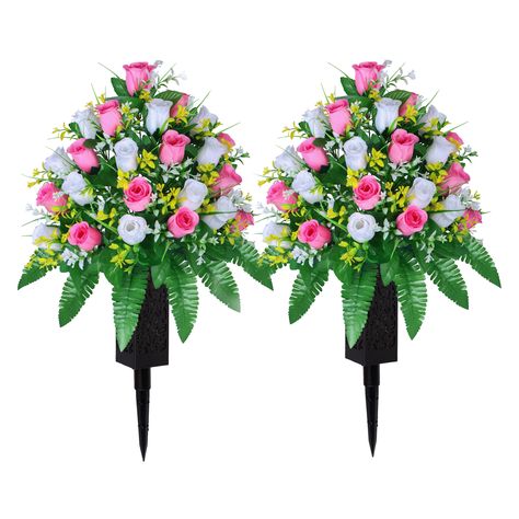 PRICES MAY VARY. Unique Design: This cemetery flower set includes 2 bundles of roses and 2 long-stem vases. Each vase contains foam to ensure the stability of the bouquets, making them resistant to heavy rain and keeping the flowers upright. Dimensions: The total height of each bouquet is 18.5 inches (47 cm), with 24 flower heads per bundle. The vase height is 11 inches. Large Drainage Holes: The vases are designed with large drainage holes and foam inserts to withstand heavy rain, ensuring the Memorial Vase, Gravesite Decorations, Cemetery Vases, Cemetery Flowers, Heavy Rain, Artificial Roses, Cemetery, 11 Inches, Memorial Day