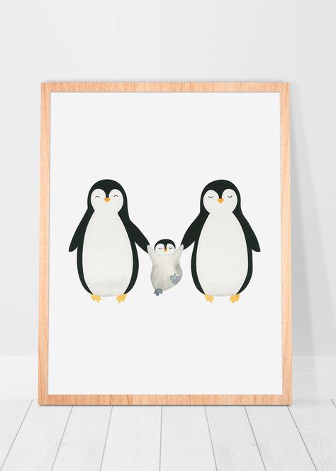 Animal Family Painting, Penguin Pottery Painting Ideas, Penguin Family Drawing, Animal Family Drawing, Penguin Room Decor, Baby Penguin Drawing, Penguin Nursery Theme, Family Playroom, Baby Boy Wall Art