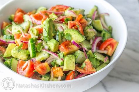 Cucumber Tomato Avocado Salad - NatashasKitchen.com Natashas Kitchen Recipes, Salads Cucumber, Avocado Cucumber Salad, Tomato And Avocado Salad, Natashas Kitchen, Tomato Avocado Salad, Cucumber Tomato Avocado Salad, Avocado Cucumber, Tomato Avocado