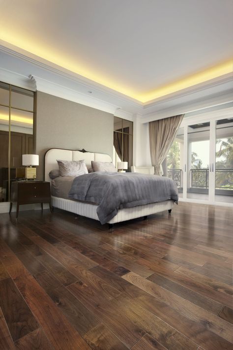 Walnut Floors Bedroom, Dark Laminate Flooring Bedroom, Modern Bedroom Dark Floor, Bedroom Wood Flooring Ideas, Dark Brown Flooring Bedroom, Walnut Flooring Bedroom, Walnut Floor Bedroom, Parquet Floor Bedroom, Dark Wooden Floor Bedroom