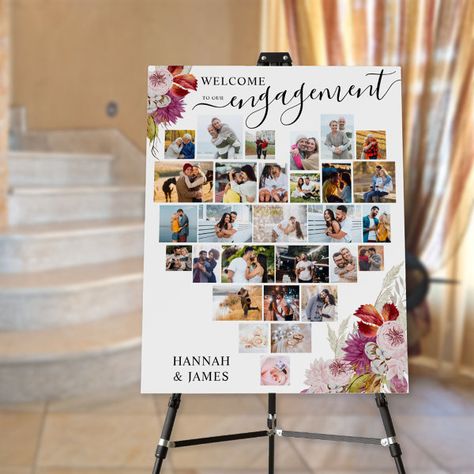 Engagement Script Heart Photo Collage Welcome Foam Board Picture Montage, Heart Shaped Photo Collage, Script Heart, Heart Photo Collage, Engagement Decor, Landscape Portrait, Heart Photo, Engagement Party Decorations, Wedding Posters