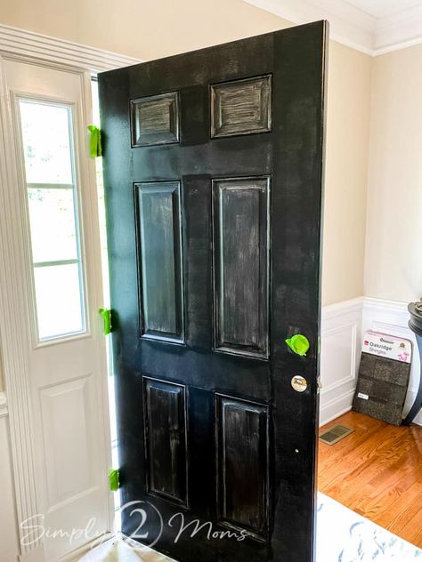 Black Front Door Ranch House, Best Paint Finish For Front Door, Upgrade Front Door Diy, Entryway With Black Door, Plain Front Door Makeover, Entryway Black Door, Best Black For Front Door, Black Front Doors Interior Entryway, Black Entryway Door