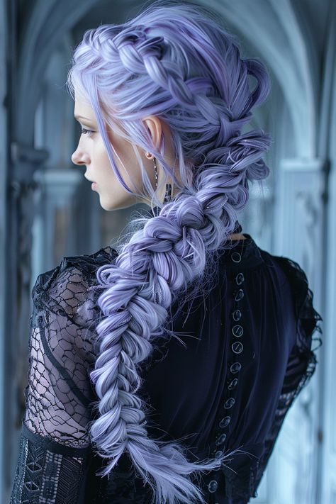 54+ Lovely Lavender Hair Ideas Long Lavender Hair, Witches Hair, Lavender Hair Ideas, Woman With Purple Hair, Long Braid Styles, Aesthetic Town, Whimsical Hair, Witch Hair, Viking Braids