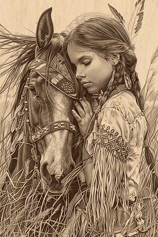 Native American Drawing, Native American Paintings, Native American Pictures, Desenho Tattoo, Gravure Laser, Digital Drawings, Native Art, Horse Girl, Horse Art