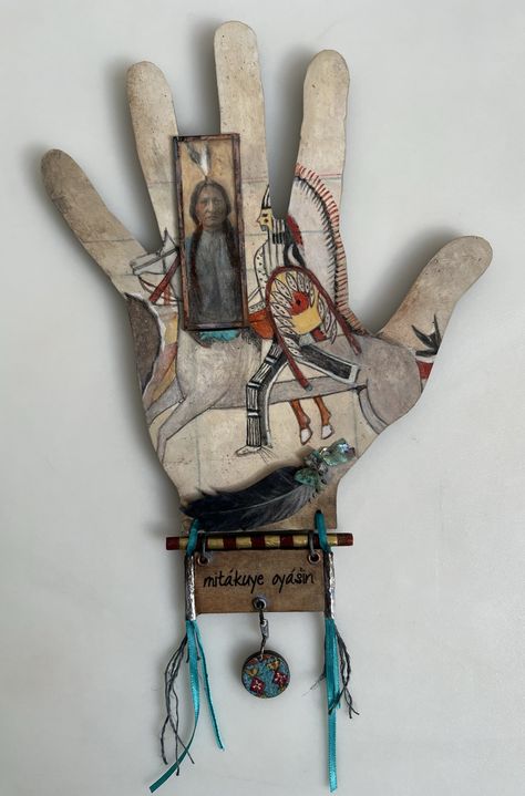 original mixed media painting on hand-shaped wood. Mixed Media Assemblage, Found Materials Art, Mixmedia Art Ideas, Ancestry Art, Assemblage Art Collage, Assemblage Art Mixed Media, Art Altéré, Shrines Art, Assemblage Art Dolls