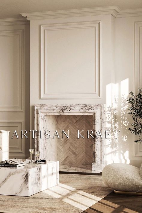 Marble Fireplace Modern Arabescato with a modern marble table Marble Fire Surround, Modern Fireplace Mantels, Fireplace Modern, Cast Stone Fireplace, Whiskey Room, Stone Fireplace Mantel, Marble Fireplace Mantel, French Fireplace, Marble Fireplace Surround