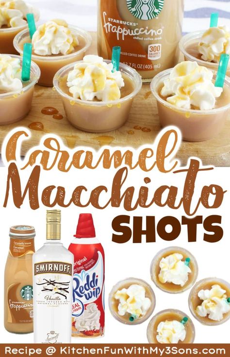 Any kind of get-together, party, or special occasion needs these Starbucks Caramel Macchiato Shots! They are a gelatin mixture of caramel Frappuccino and vanilla Vodka with whipped cream and caramel syrup drizzled on top. #recipes #drinks Vanilla Vodka Recipes, Starbucks Caramel Macchiato, Salted Caramel Vodka, Fruity Alcohol Drinks, Vodka Recipes Drinks, Christmas Drinks Alcohol Recipes, Frozen Drink Recipes, Caramel Vodka, Caramel Frappuccino