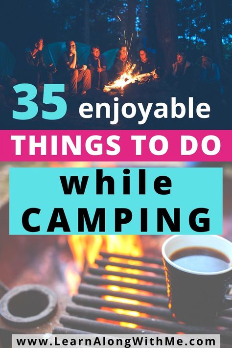 35 things to do while camping - shows friends sitting around a campfire telling campfire stories and it shows a cooking griddle over an open campfire with a cup of coffee on it. Things To Do While Camping, Things To Do Camping, Cabin Activities, Couples Camping, Essential Camping Gear, Camping With Toddlers, Rv Camping Tips, Camping Inspiration, Couple Activities