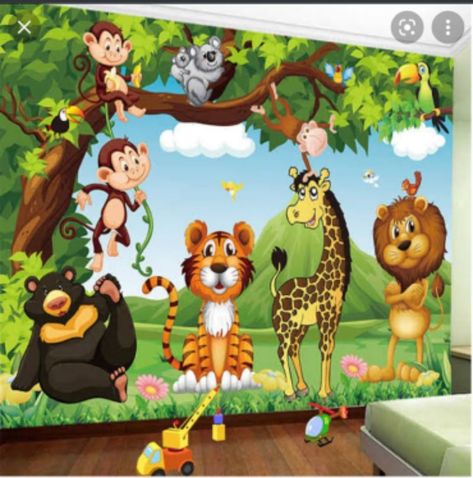 Cartoon Wall Painting, Wallpaper For Kids, Elephant Wallpaper, 3d Wallpaper Mural, Safari Wallpaper, Backdrop Wall, Lion Poster, School Wall Art, Nursery Mural