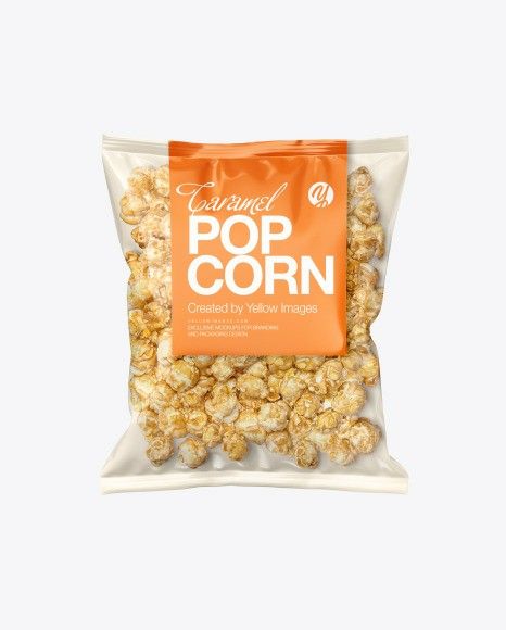 Plastic Bag With Caramel Popcorn Mockup Transparent Packaging Design, Popcorn Packaging Ideas, Popcorn Packaging Design, Caramel Packaging, Grain Packaging, Popcorn Design, Corn Food, Fresh Popcorn, Popcorn Packaging