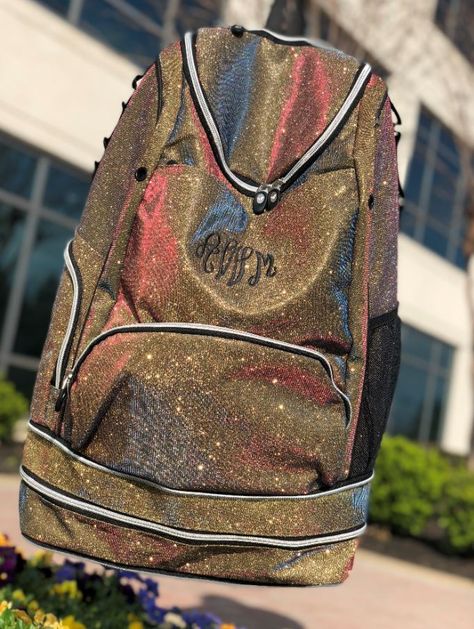 Stay golden with the Varsity Game Day Glitter Backpack ✨ Bookbag Ideas, Pep Rally Games, Cheer Backpack, Varsity Cheer, Glitter Backpack, Cheer Bag, Cheer Uniforms, Cheerleading Bows, Softball Catcher