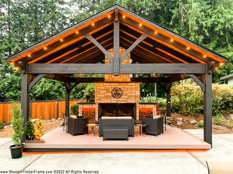 Gazebo With Waterfall, Timber Pavilion Design, Outdoor Pavillion Design, Backyard Gazebo Outdoor Pavilion, Barndo Porch, Outdoor Pavilion With Fireplace, Outdoor Pavillion Ideas, Wooden Gazebo Ideas, Timber Gazebo