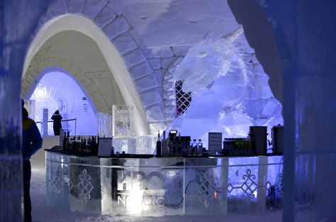 On the rocks? The hotel bar keeps the drinks on ice Finnish Lapland, Ice Bar, Ice Hotel, Snow Village, Hotel Bar, On The Rocks, Hotel Art, The Village, Marina Bay Sands