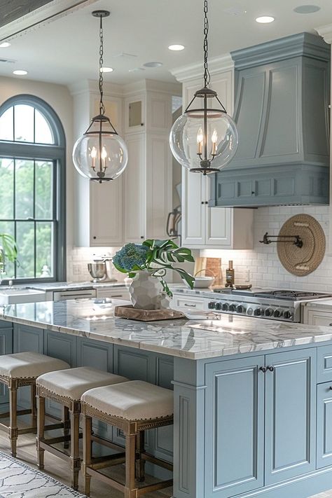 Kitchen Blue Island, Kitchen With Blue Island, Coastal Kitchens, Kitchen Cabinets Farmhouse, Coastal Kitchen Ideas, Grandma House, Light Blue Kitchens, Moms Kitchen, Coastal Kitchen Design