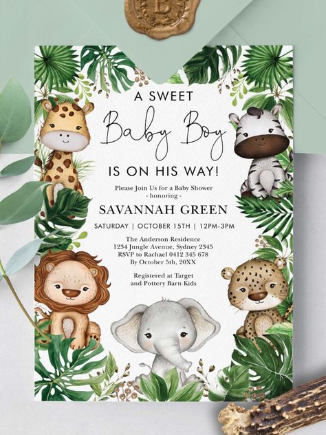 Tropical Jungle Safari Animals Boy Baby Shower Invitation
Celebrate the upcoming arrival of your little bundle of joy with this whimsical safari-themed baby shower invitation. The design features a group of adorable jungle animals and rustic tropical greenery leaves. #safari #babyshower #babyshowersgifts #babyshowercards #babyshowerparty #newborn #tropical #animals Jungle Safari Animals, Wild One Birthday Invitations, 2nd Birthday Boys, Rustic Baby Shower Invitations, Safari Baby Shower Invitations, Boy Shower Invitations, Elephant Baby Shower Invitations, Woodland Baby Shower Invitations, Baby Shower Invitaciones