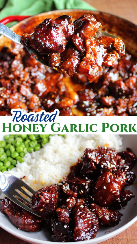 Looking to add some excitement to your dinner routine? Look no further! These delicious pork bites are roasted to perfection, with just the right amount of crunch on the edges and juicy, succulent centers. Cooked in a flavorful honey garlic sauce, these bites are definitely worth the wait! Give them a try tonight and elevate your dinner game. #AD #UtahPork #USApork Weeknight Dinner Pork, Pork Chunk Recipes Dinners, Dinner Ideas Pork Loin, Things To Do With A Pork Roast, Honey Garlic Pork Bowl, Pork Entree Recipes, Pork And Bacon Recipes, Dinners With Pork Loin, Pork Roast Asian