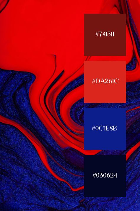 Featuring a mix of vivid reds and calming blues, this color palette embodies energy and peace. The reds inject passion and warmth, while the blues offer a soothing counterbalance, ideal for modern and eye-catching visuals. Color Palette Rock N Roll, Red Black Blue Color Palette, Red Blue Color Scheme, Royal Blue Color Palette Colour Schemes, Red Green Blue Color Palette, Electric Blue Color Palette, Red Blue Palette, Red And Blue Color Palette, Turkish Bakery