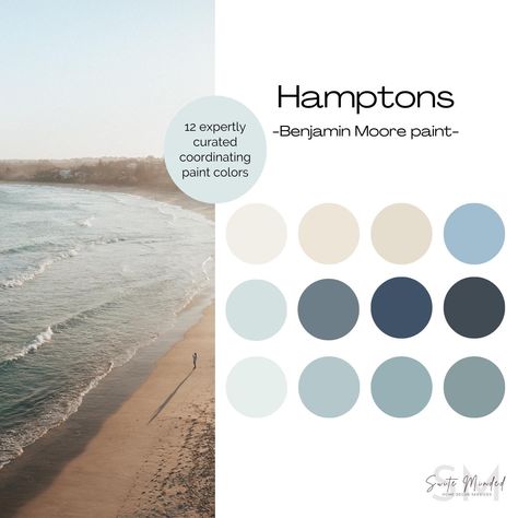 Discover this beautiful coastal color palette perfect to give your home a beach house look. This palette is full of soft blues great to create a comfortable, relaxing, and peaceful interior. It contains 12 different paint references from Benjamin Moore, including Gossamer Blue, Ocean Air, and Hudson Bay. In this detailed, expertly put together, and budget-friendly home paint palette, you will find: - 12 carefully selected paint colors from Benjamin Moore: we've thoughtfully handpicked a palette Stormy Ocean Color Palette, Bright And Airy Color Palette, Blue And Tan Color Palette, Blue Paint Color Palettes, Hamptons Colour Palette, Color Palette Coastal, Color Palette Benjamin Moore, Whole House Paint Palette, Beach House Paint Colors