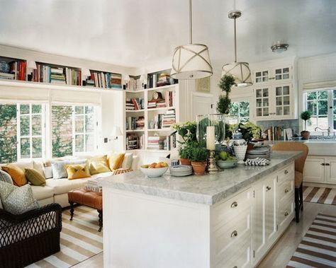 Love this kitchen sitting area - great spot for a cup of coffee (or a cocktail.)   Color Outside the Lines: Twenty Questions with Mark D. Sikes Kitchen Sitting Area, Kitchen Island Tops, Mediterranean Kitchen, Kitchen Farmhouse, Cozy Kitchen, Family Kitchen, Kitchen Photos, Küchen Design, Modern Family