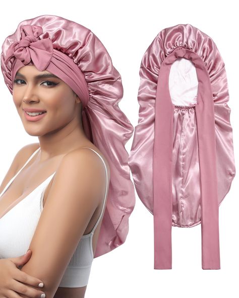 PRICES MAY VARY. Reversible Long Satin Bonnet - The sleep silk bonnet is made of high-quality satin fabric, soft and breathable; it comes in 2 different colors and can be worn front and back, practical and beautiful. Two colors in one bonnet, different styles, giving you more choices to meet your daily wearing needs Silk Bonnet for Long Hair - The long bonnet for women has 2 long elastic bands to fix the satin bonnet and fit the head better; the nightcap is long enough and has enough space to ac Women Sleeping, Silk Hair Bonnets, Sleeping Cap, Natural Hair Care Routine, Hair Bonnets, Silk Bonnet, Bonnet Pattern, Satin Bonnet, Silk Stockings