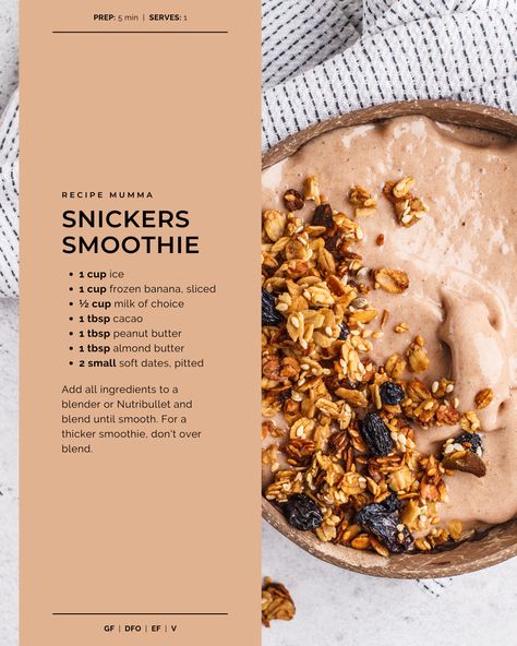 Snickers Smoothie — Recipe Mumma Snickers Smoothie Bowl, Snicker Smoothie, Snickers Smoothie, Snickers Protein, Vegan Soul Food, Dairy Free Milk, Smoothie Recipe, Protein Smoothie, Vegan Options