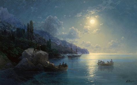 Ivan Aivazovsky (1817-1900) Moonlit Crimean coast. Ivan Konstantinovich, Ivan Aivazovsky, Canvas Painting Projects, Minimalist Canvas Art, Painting Ideas For Beginners, Canvas Art Projects, Marine Art, Cosmic Art, Simple Canvas Paintings